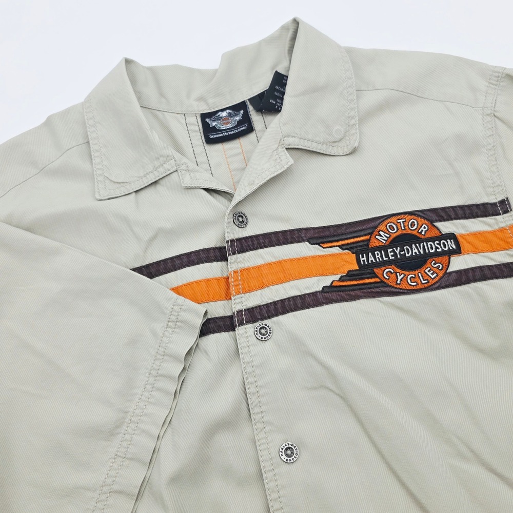 Harley-Davidson Mens Tan Racing Stripe Short Sleeve Button Down Shirt Medium